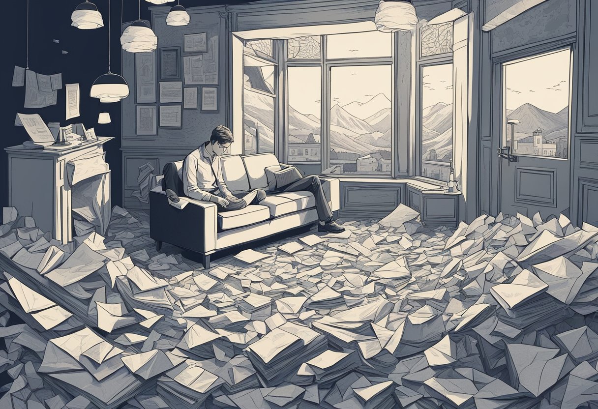 A person sitting alone in a dimly lit room, surrounded by crumpled papers and a look of defeat on their face