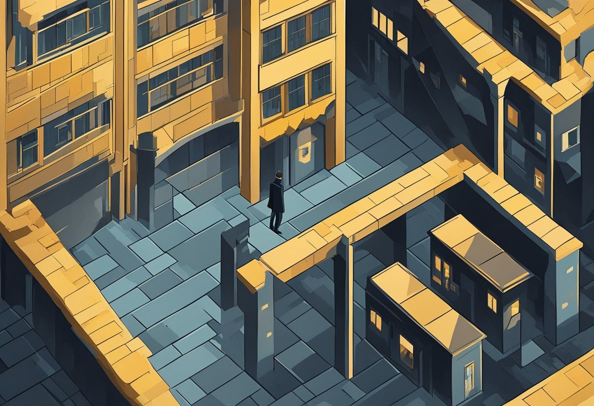 A lone figure stands in a dimly lit alley, surrounded by shadowy figures. The atmosphere is tense, with a sense of betrayal and mistrust palpable in the air