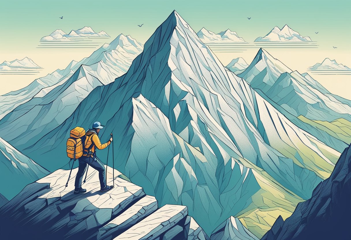 A mountain climber reaching the summit, surrounded by quotes on effort