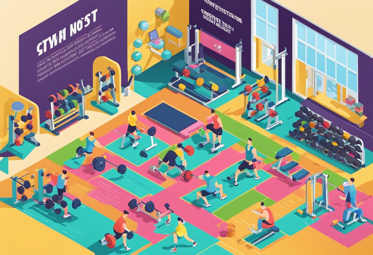 A gym with colorful dumbbells and exercise equipment, surrounded by motivational fitness quotes from celebrities