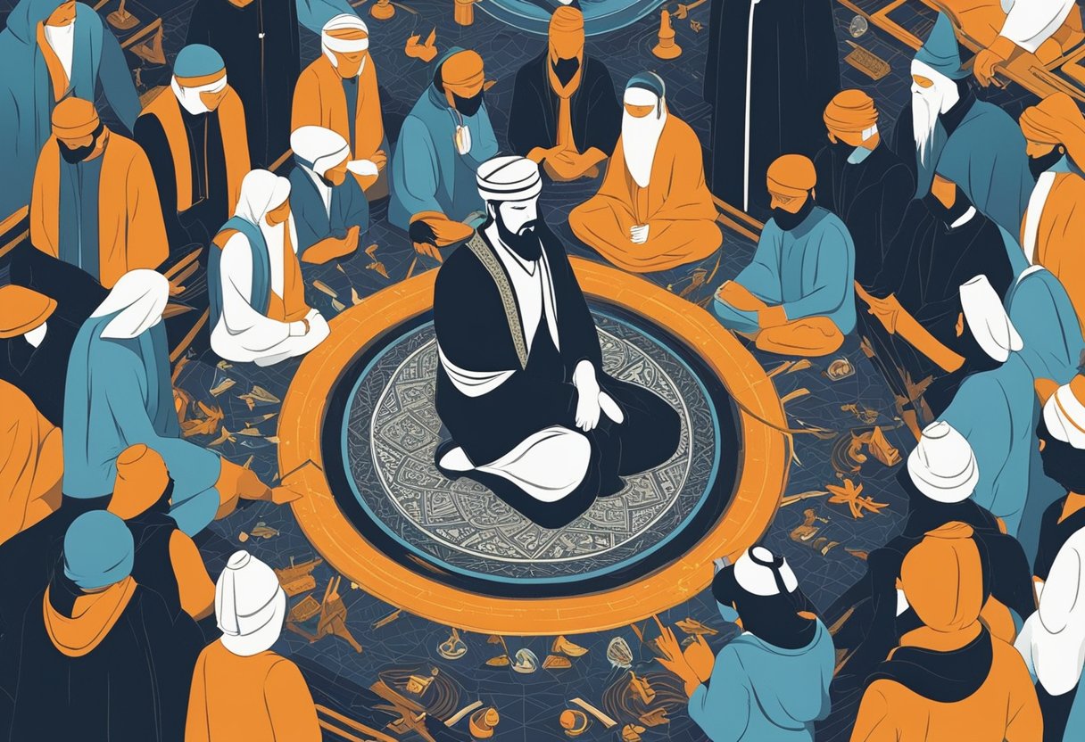 A dark figure looms over a group of people, whispering devil quotes into their ears, while symbols of various religions and beliefs surround them