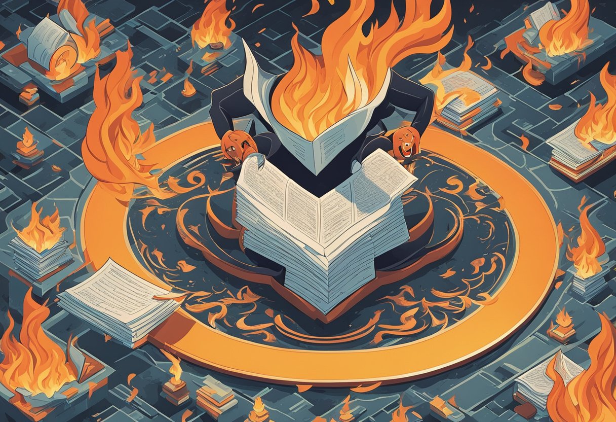 A devilish figure surrounded by swirling flames, clutching a list of quotes with a sinister grin