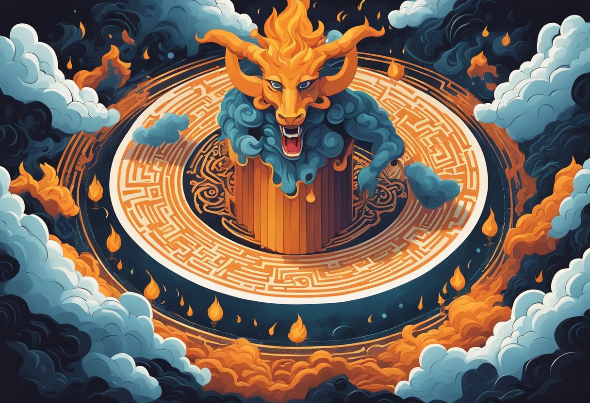 A fiery, horned figure stands amidst swirling dark clouds, surrounded by quotes of evil and temptation
