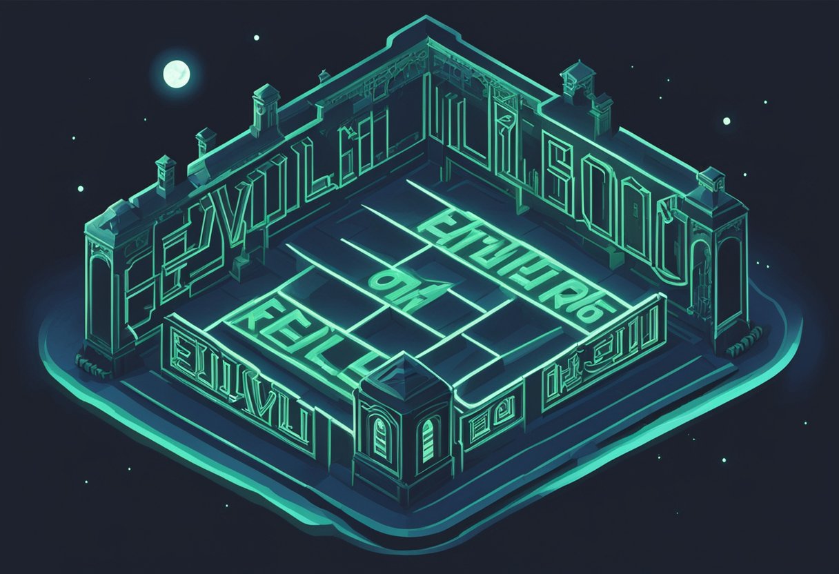 The sinister words "Reflections on Evil" glow ominously in the dark, casting eerie shadows on the surrounding walls