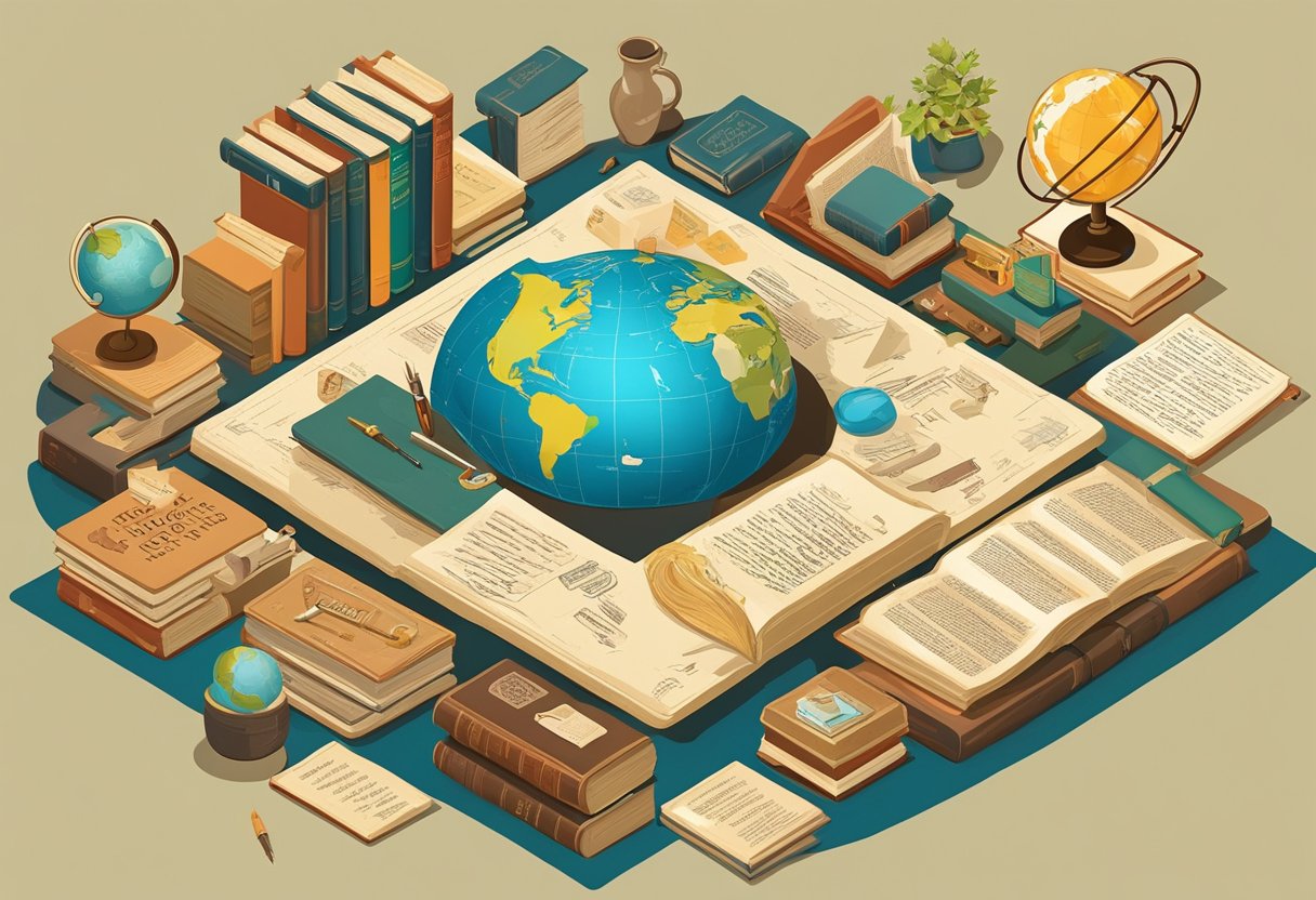 A table with 25 unique quotes in various fonts and sizes, surrounded by authentic objects like vintage books, a quill pen, and a globe