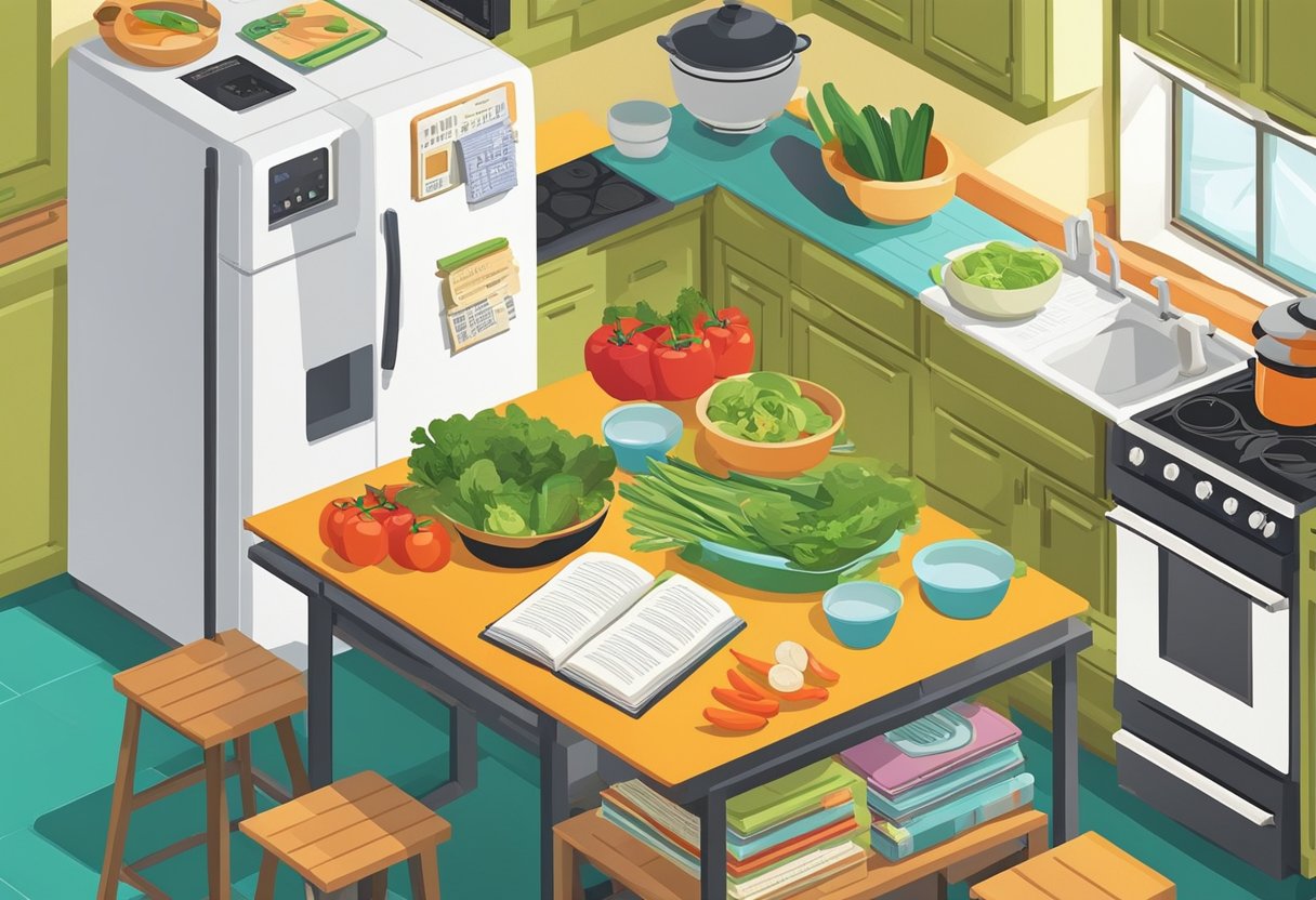 A kitchen counter with a stack of cookbooks, a steaming pot on the stove, fresh vegetables on the cutting board, and a quote list taped to the fridge