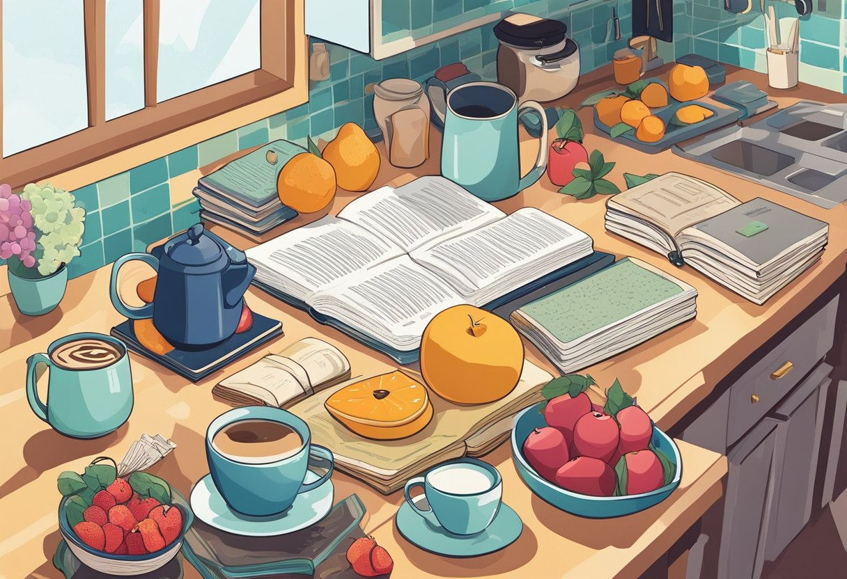 A cluttered kitchen counter with a stack of cookbooks, a coffee mug, and a bowl of fresh fruit. A quote list of 25 kitchen quotes is pinned to the wall