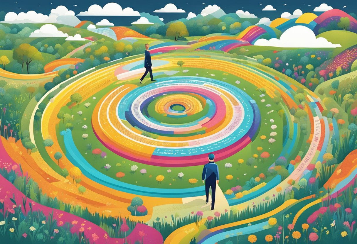A person standing in a field, surrounded by a swirl of colorful quotes and phrases floating in the air