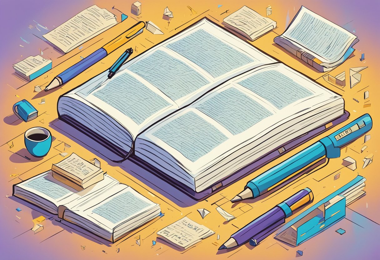 A journal surrounded by scattered quotes, some neatly aligned, others haphazardly placed, with a pen resting on top