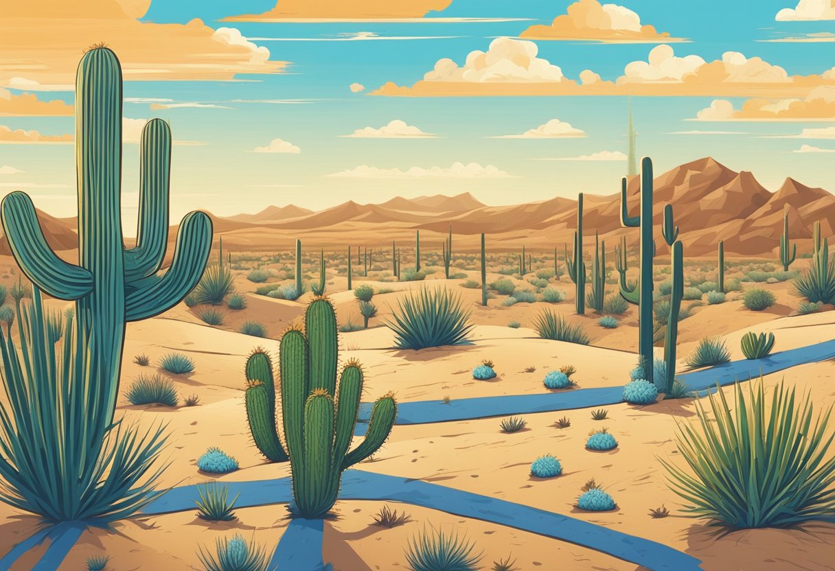 A rustic wooden signpost stands in the desert, pointing in different directions. Cacti and tumbleweeds dot the landscape under a vast blue sky