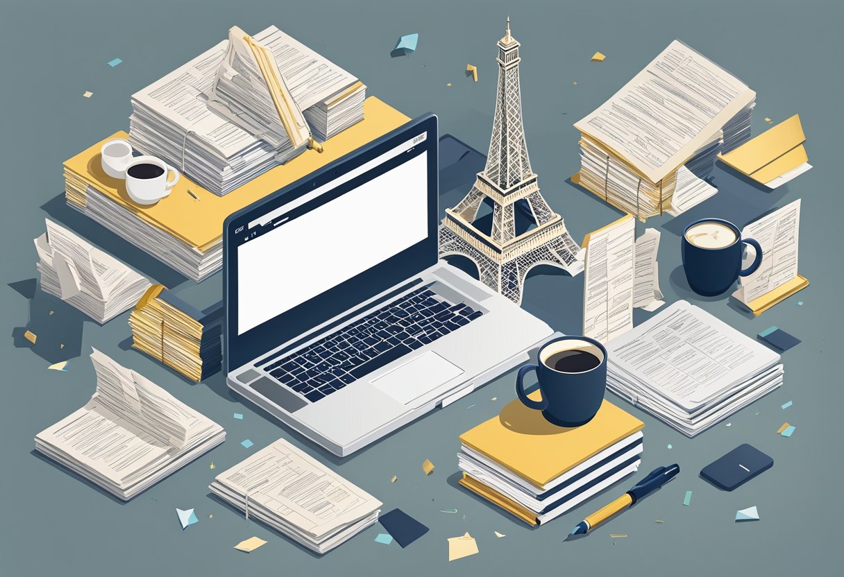 A table with a stack of papers, a pen, and a laptop surrounded by Paris-themed quotes and images. Eiffel Tower silhouette in the background