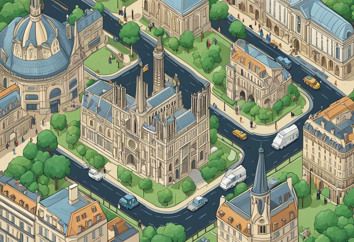A bustling Parisian street with iconic landmarks in the background, such as the Eiffel Tower and Notre Dame Cathedral, as people stroll by and enjoy the city's charm