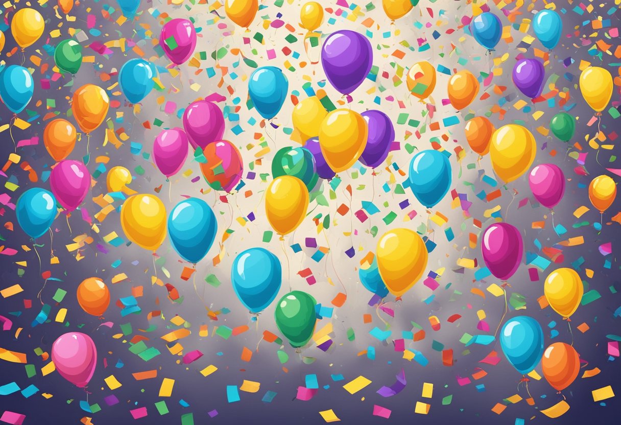 Colorful confetti and streamers cover the floor, while balloons with humorous quotes float in the air. Laughter fills the room as people celebrate the new year