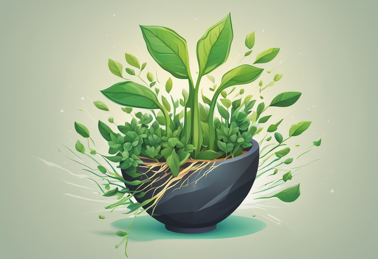A sprouting plant bursting through a cracked pot, symbolizing personal growth and change