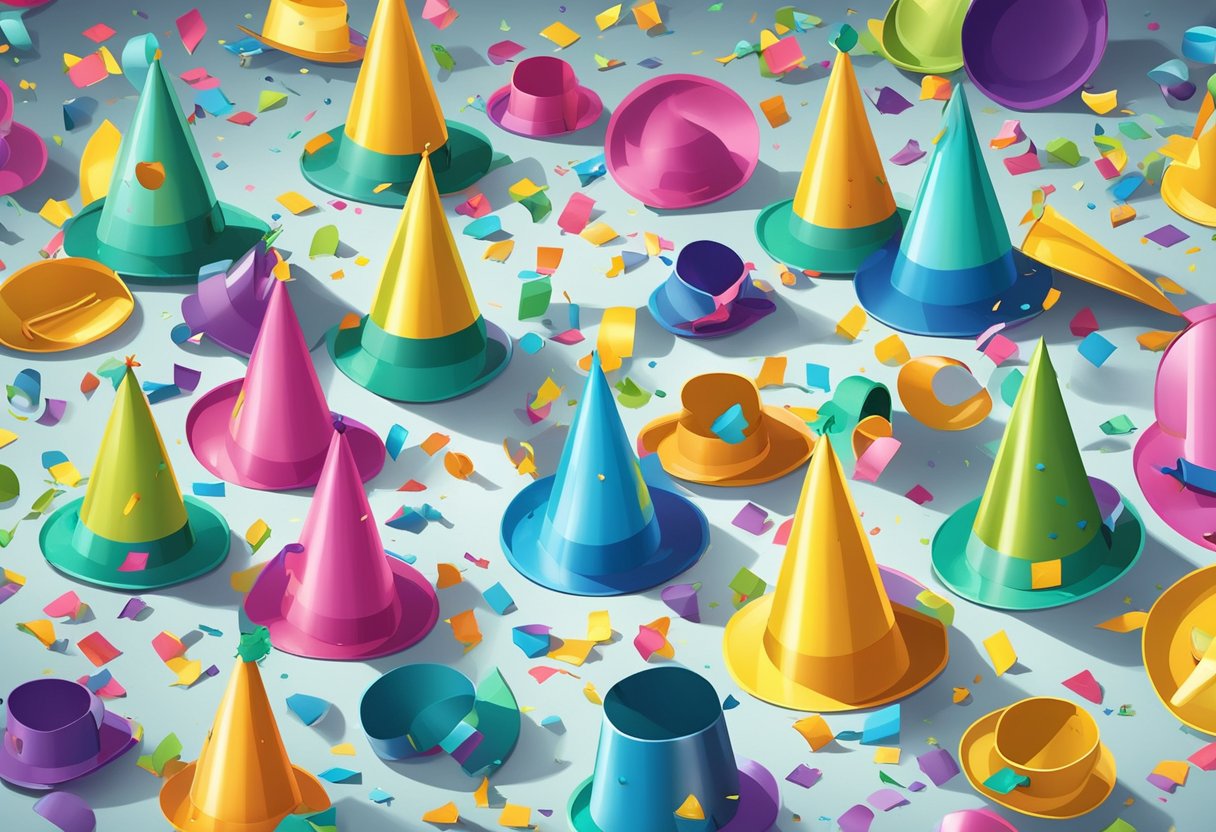 Colorful party hats and noisemakers scattered on the floor, confetti raining down from the ceiling, and a clock striking midnight
