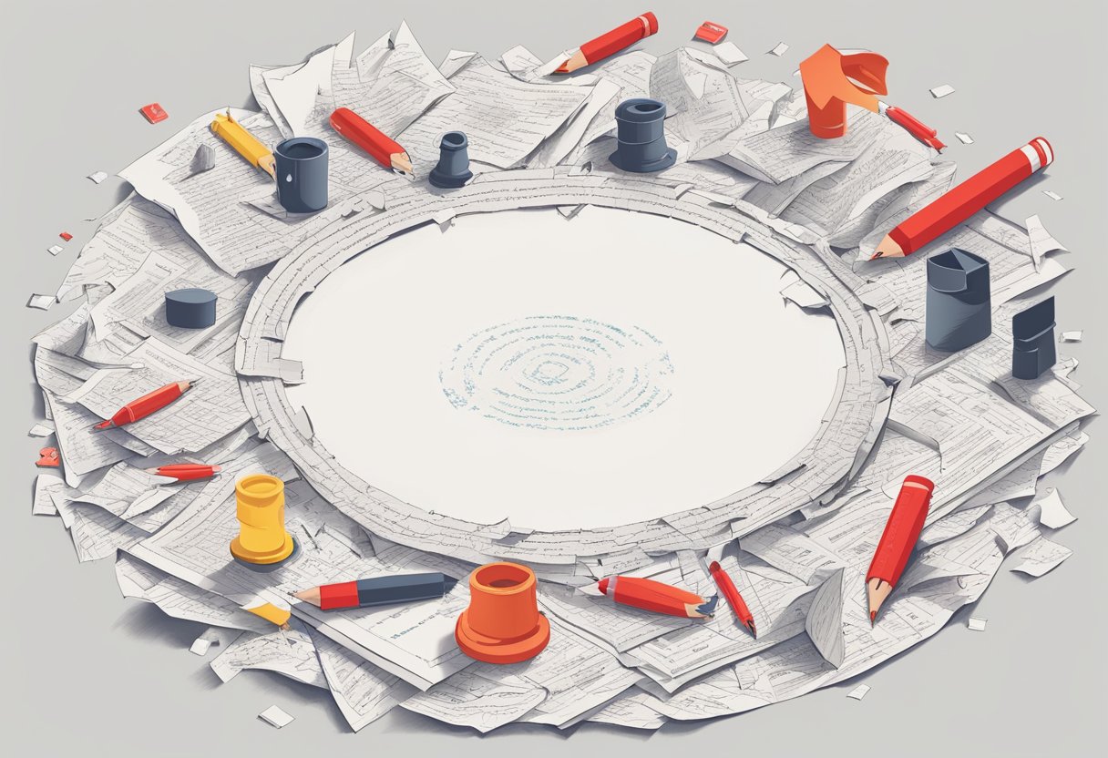 A pile of torn paper with quotes scattered around it, surrounded by a circle of red pen marks and scribbles