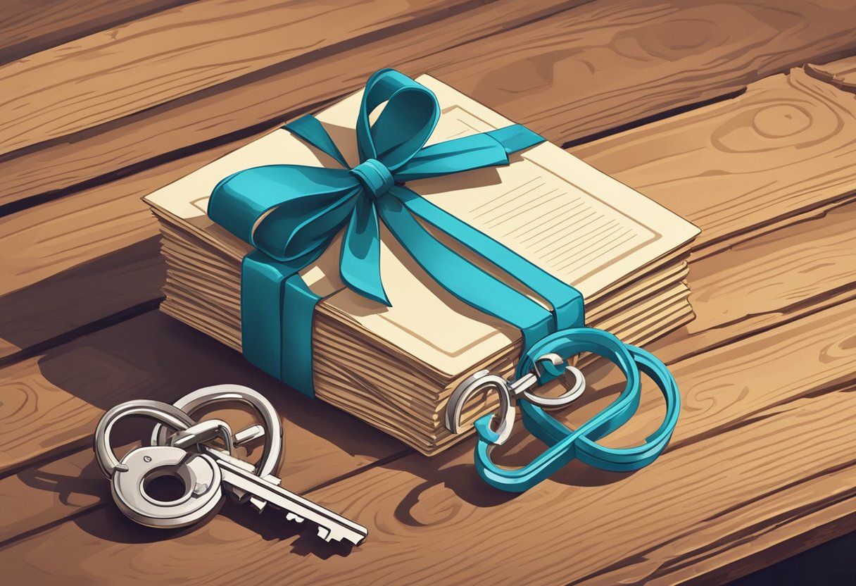 A stack of love letters tied with a ribbon, a heart-shaped lock with two keys, and a pair of intertwined rings on a rustic wooden table