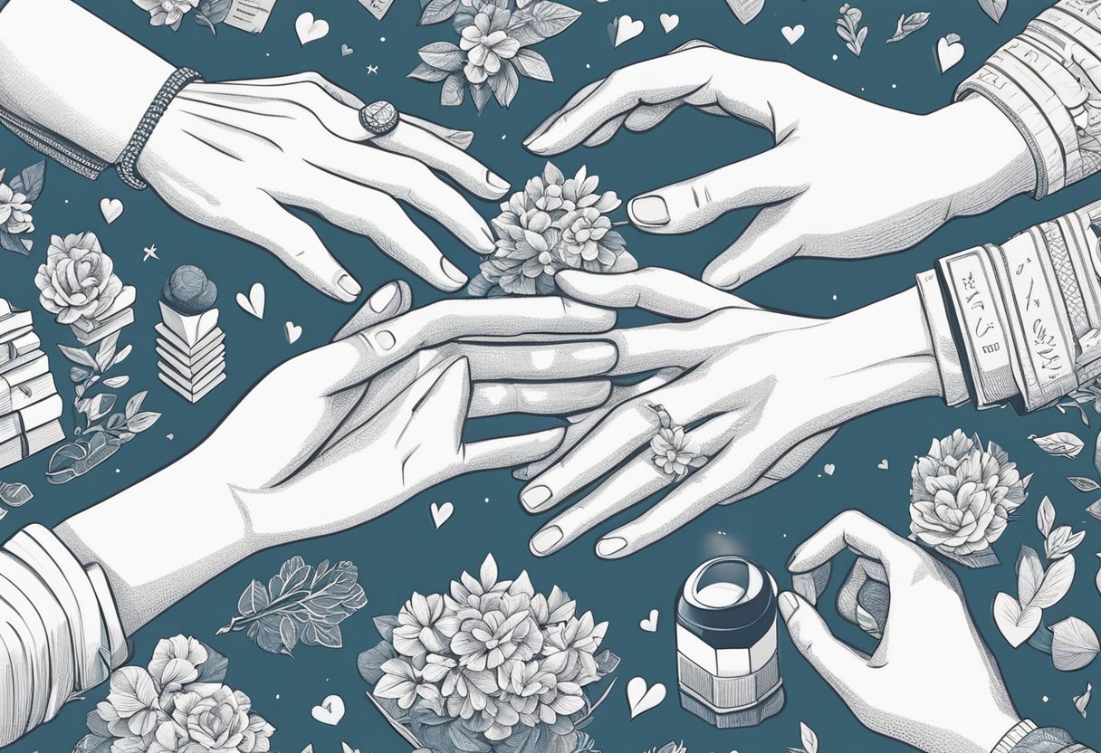 A couple's hands reaching for each other, surrounded by a collection of love quotes in various fonts and styles