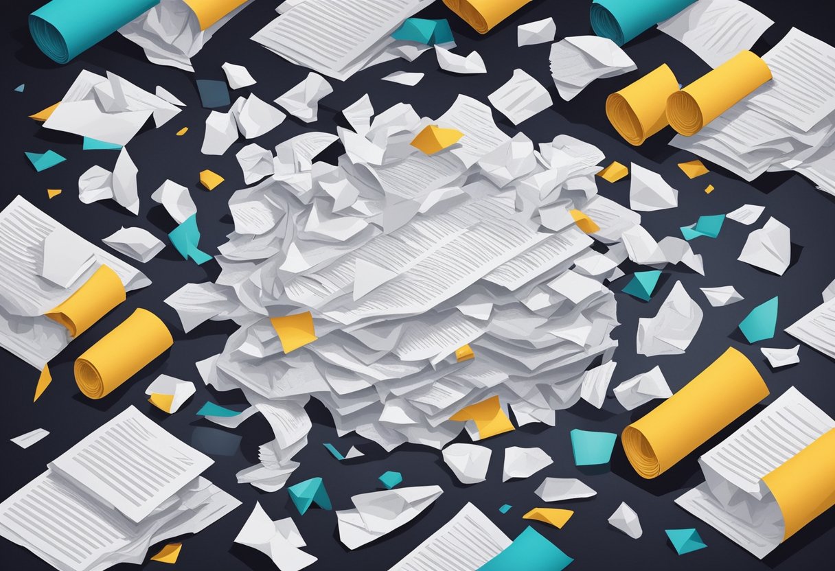 A pile of crumpled papers scattered on the floor, while a single quote is highlighted in the middle, surrounded by darkness
