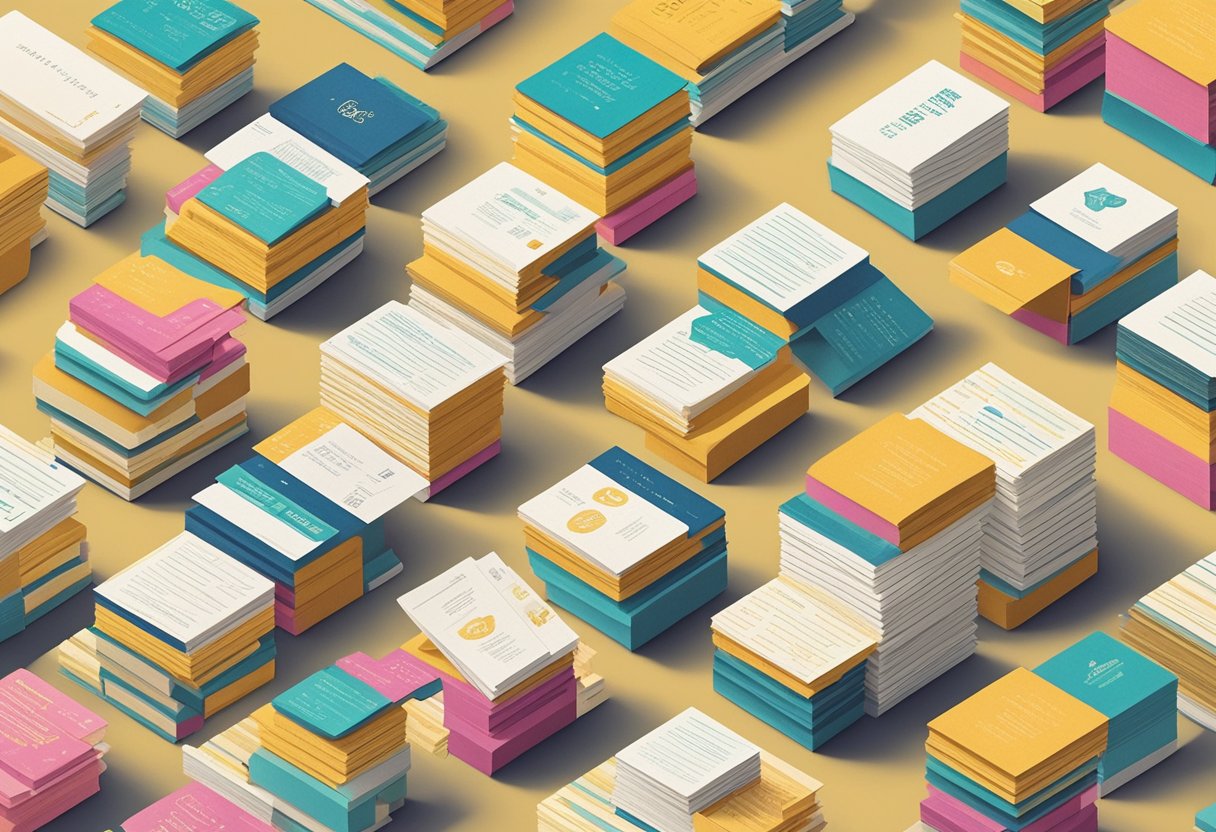 A stack of quote cards arranged in a neat row, with bold, vibrant text and decorative borders. A soft, warm light casts shadows on the cards, creating a sense of depth and dimension