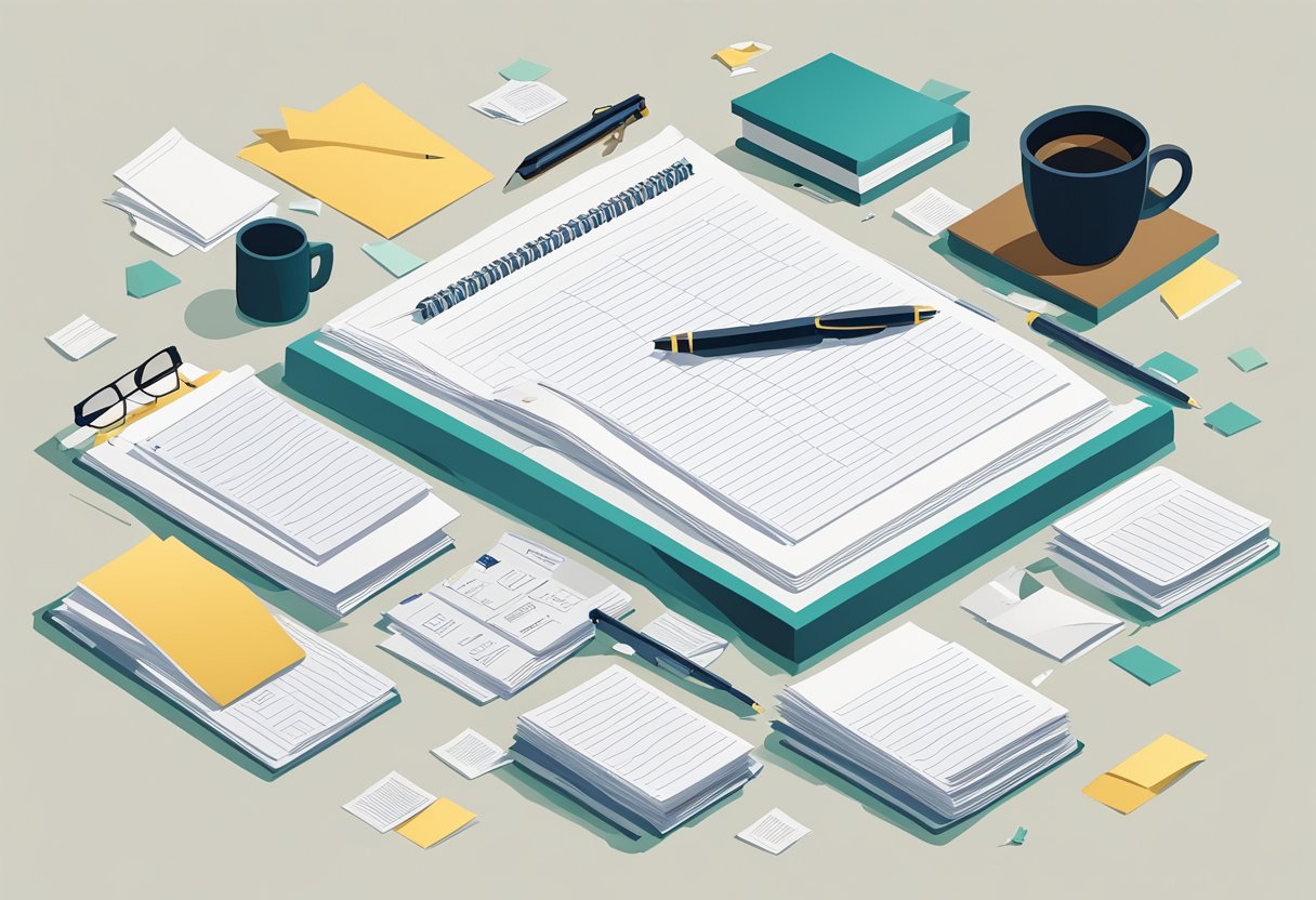 A table with a stack of papers and a pen, surrounded by scattered quotes