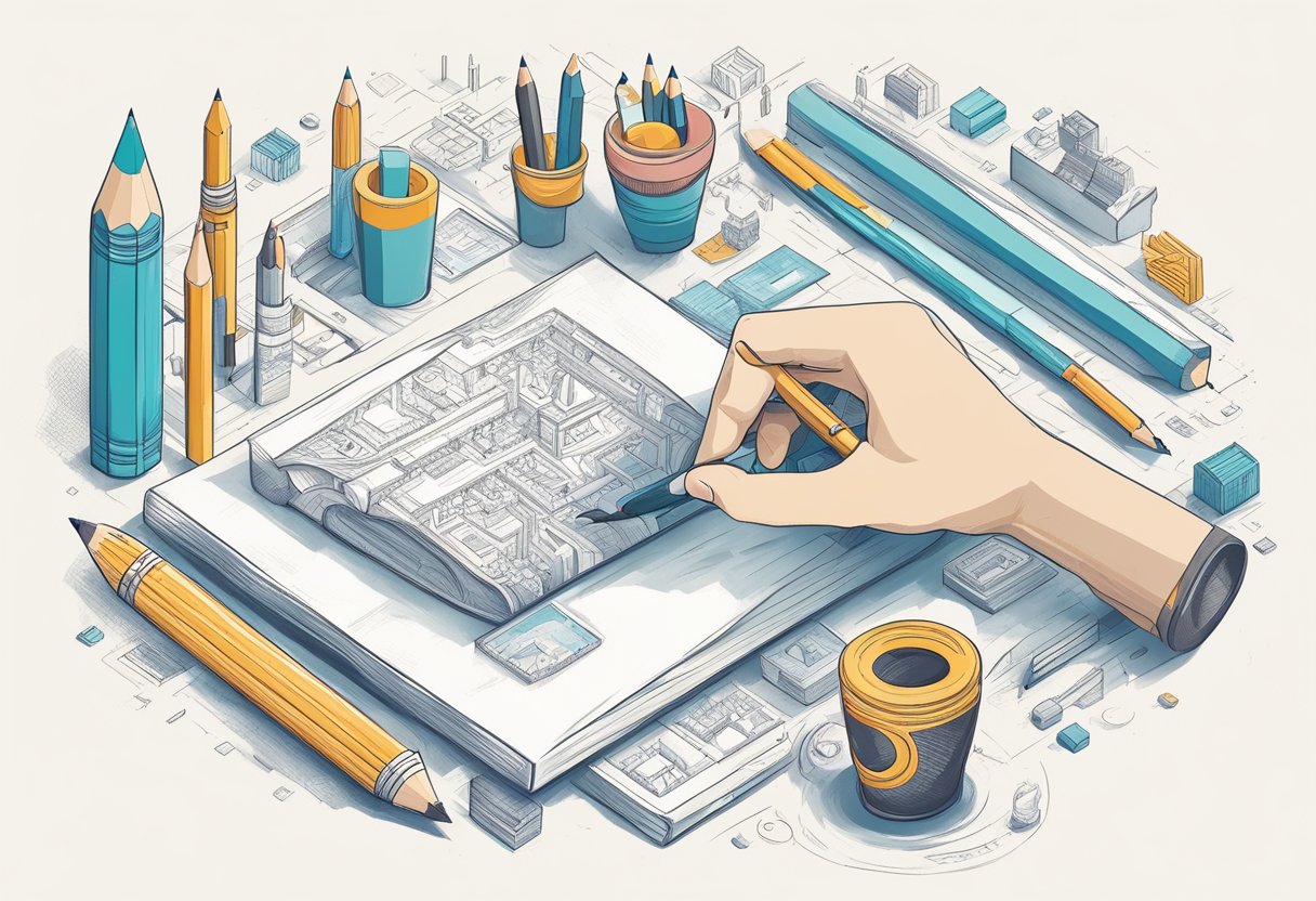A hand holding a pencil, sketching a quote surrounded by design elements