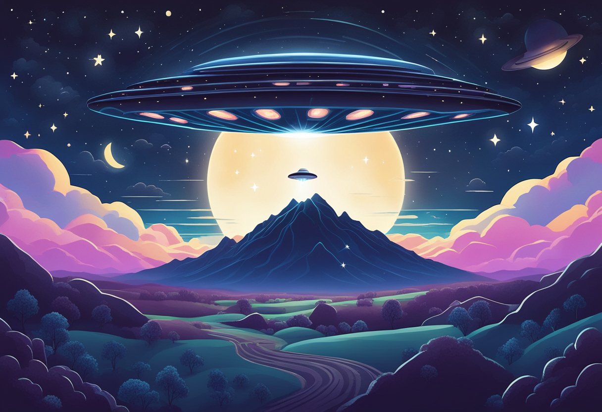 A dark, starry sky with a bright, glowing UFO hovering above a deserted countryside
