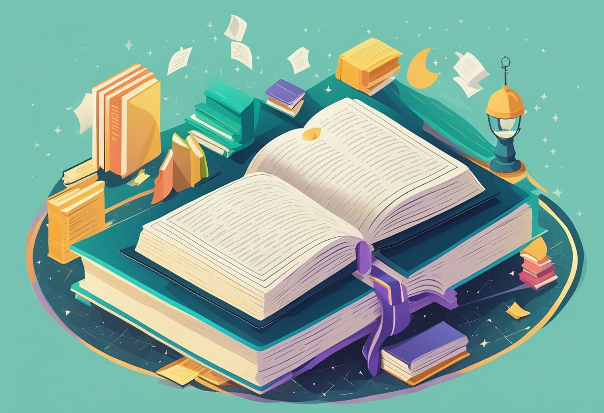 A stack of open books with quotes floating above them, surrounded by a radiant glow