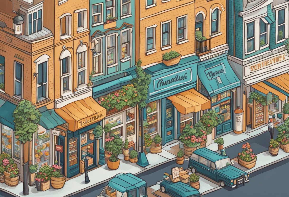 A bustling street lined with quaint storefronts, each adorned with hand-painted signs bearing inspirational small business quotes