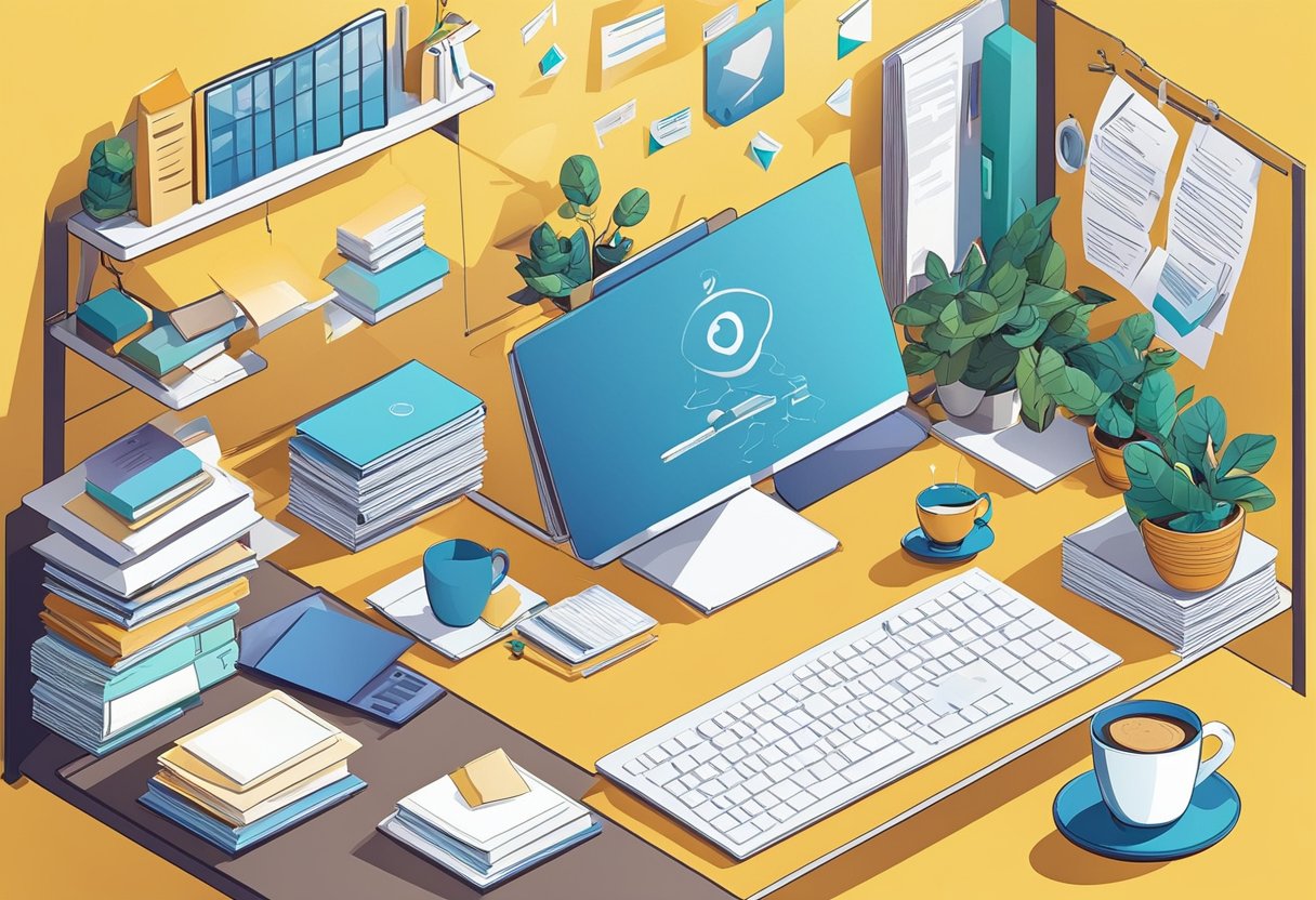 A desk cluttered with papers, a computer, and a cup of coffee. A wall adorned with motivational quotes. A small business owner at work, surrounded by inspiration
