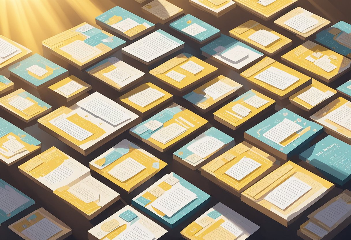 A table with a stack of quote cards, each with a motivational quote for daughters. Sunlight streams through a nearby window, casting a warm glow on the cards