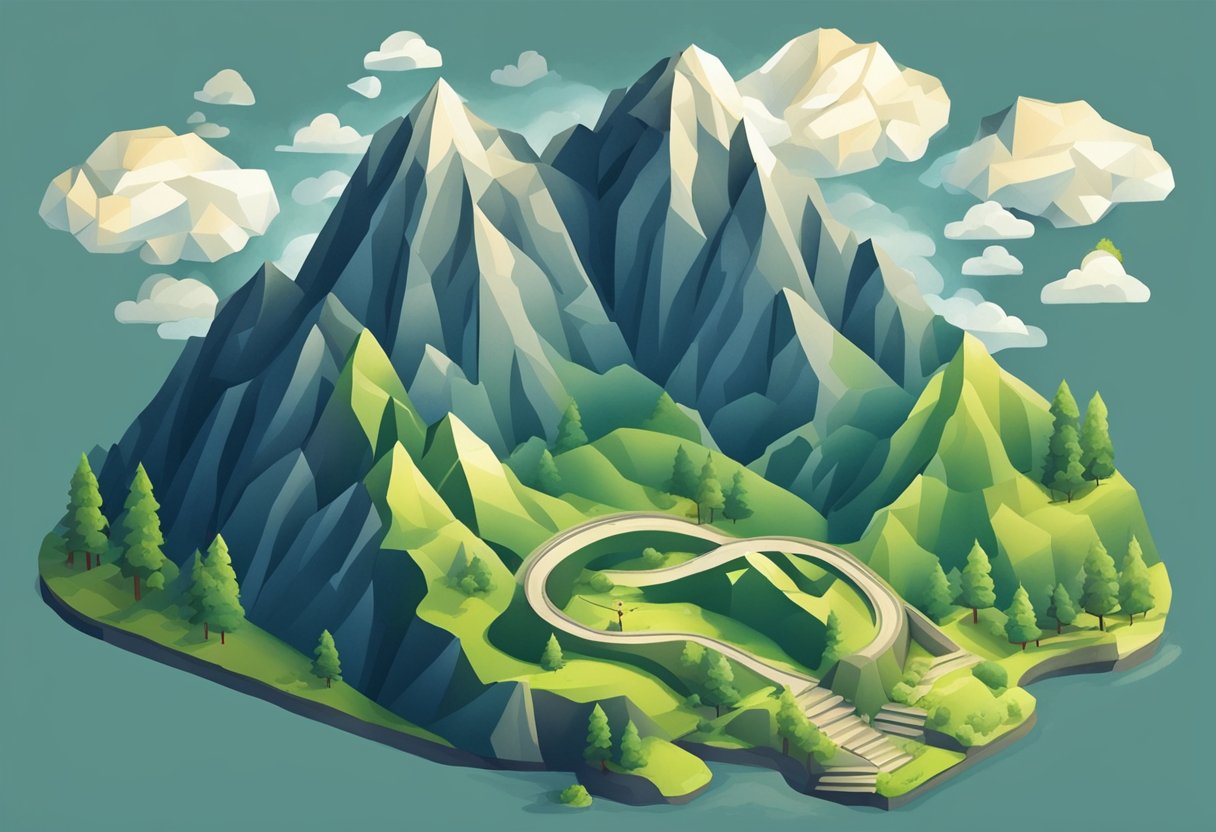 A mountain with a winding, uphill path, surrounded by dark clouds but with a bright beam of sunlight breaking through, symbolizing overcoming challenges