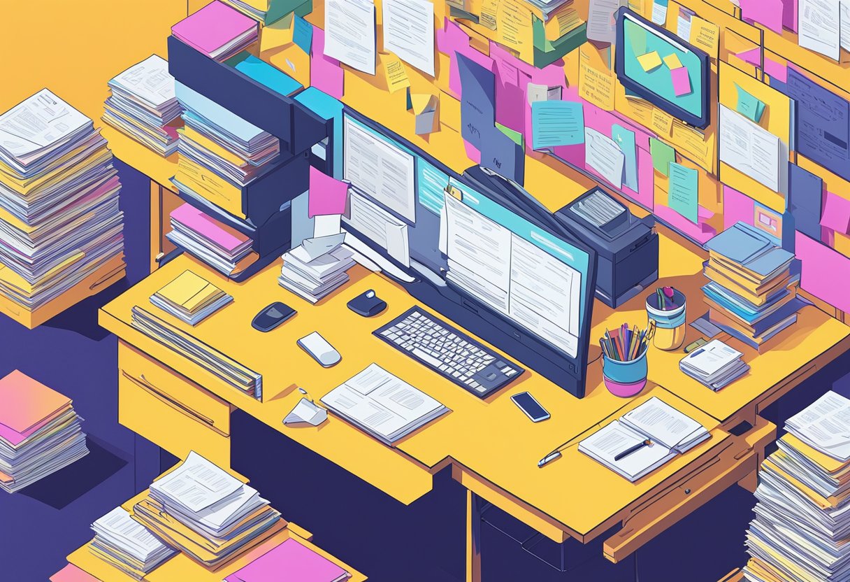 A desk with a stack of papers and a computer, surrounded by motivational quotes on sticky notes and posters