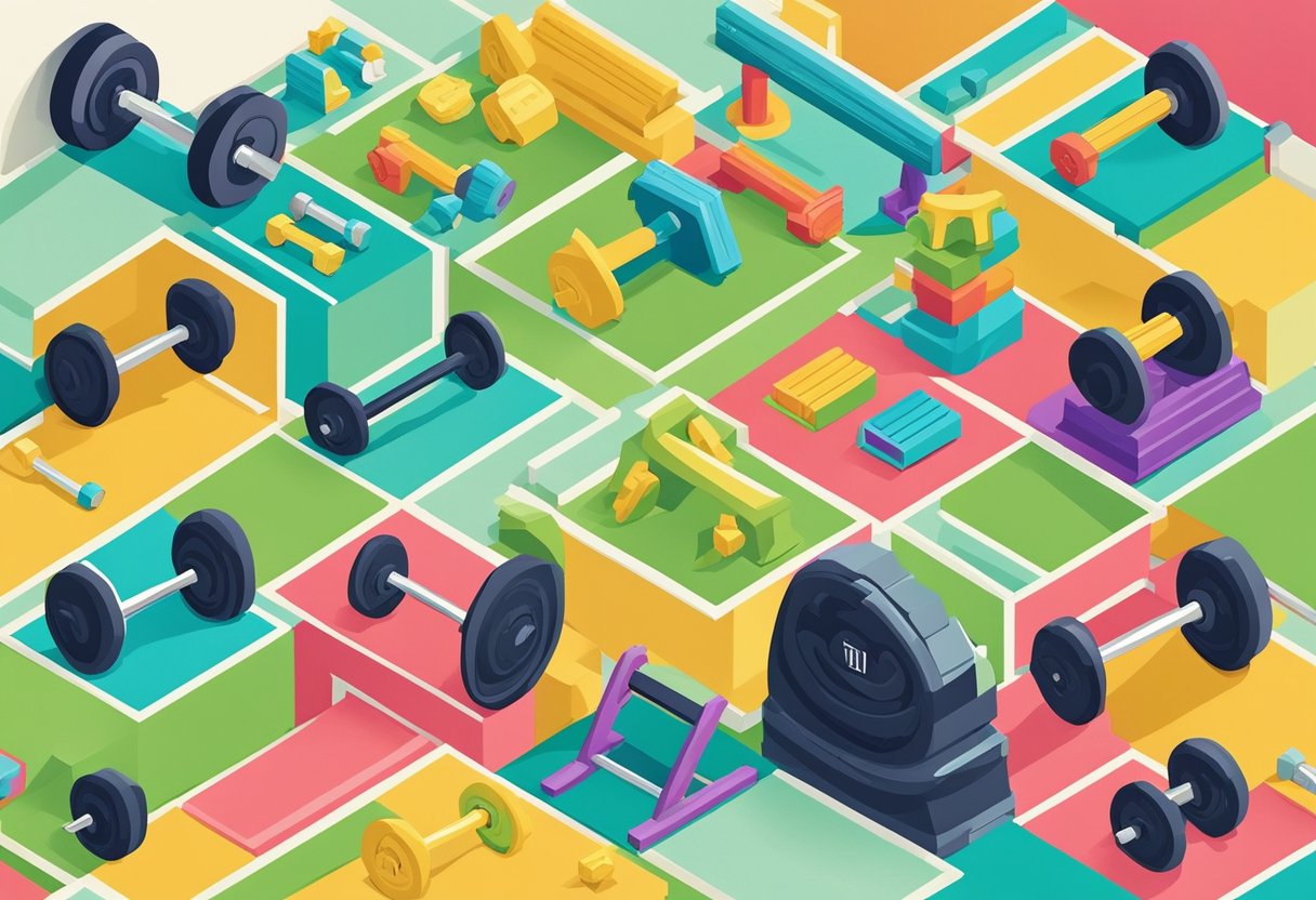 A colorful array of motivational quotes displayed on a gym wall, surrounded by dumbbells and exercise equipment