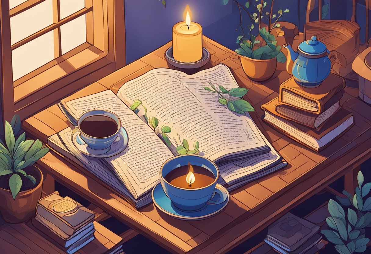 A cozy evening scene with a warm cup of tea, a flickering candle, and a book of motivational quotes open on a table