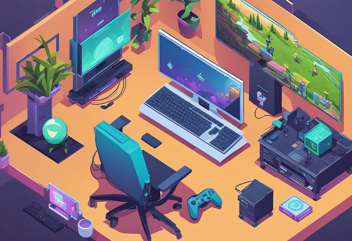 A gaming setup with a computer, headset, and controller. A screen displays "Quote List 26 - 50 motivational fortnite quotes."
