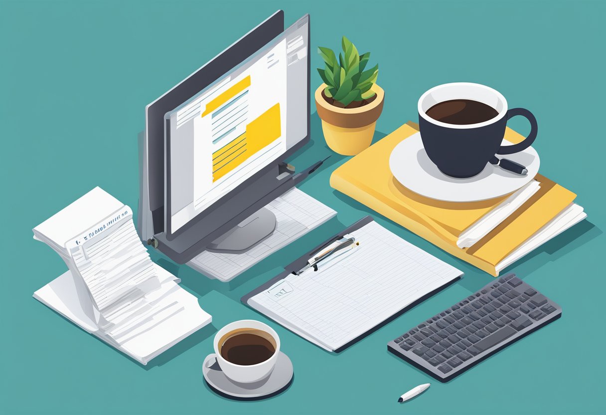 A desk with a stack of papers, a pen, and a computer displaying a list of motivational determination quotes. A cup of coffee sits beside the computer