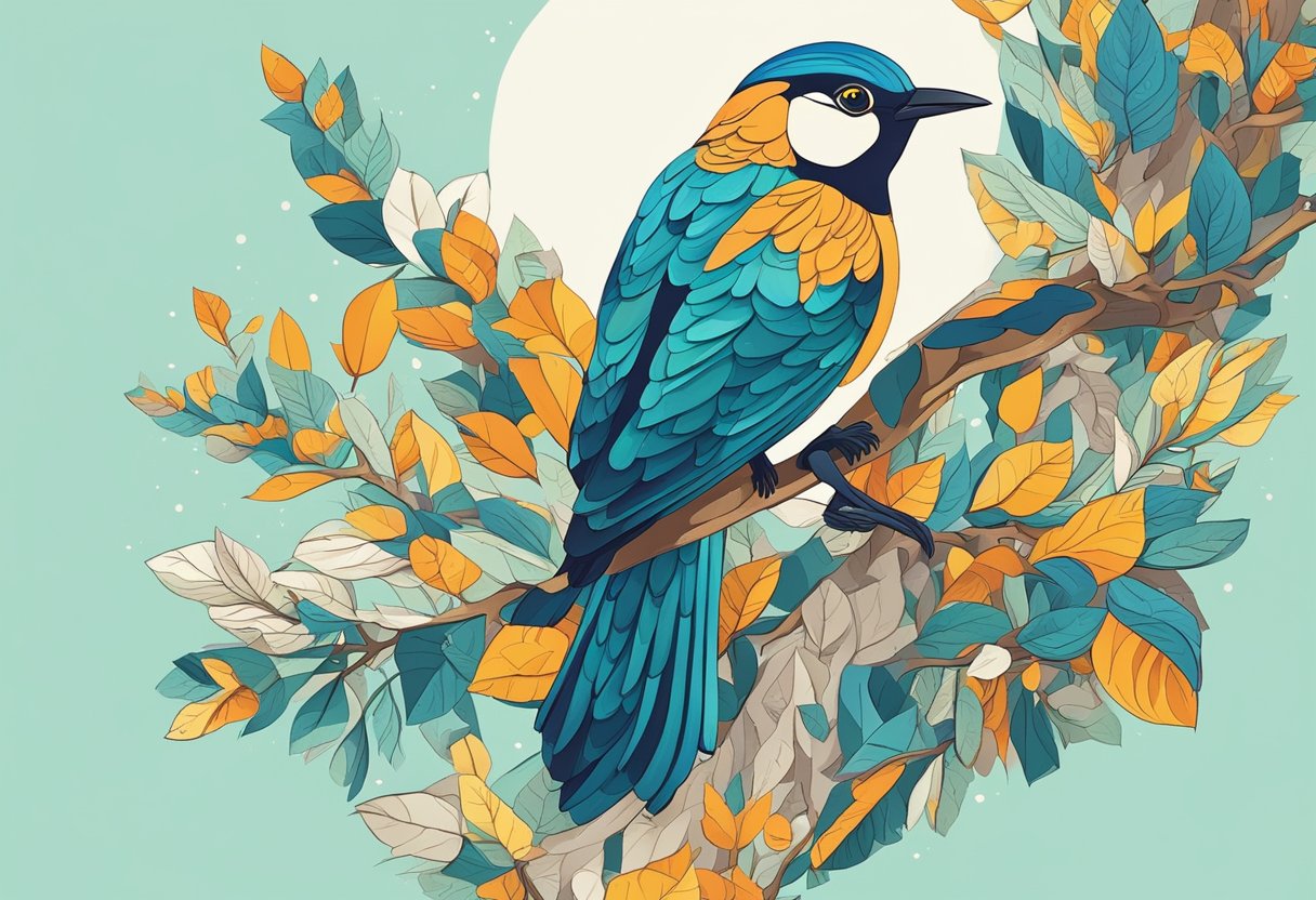 A colorful bird perched on a branch surrounded by motivational quotes