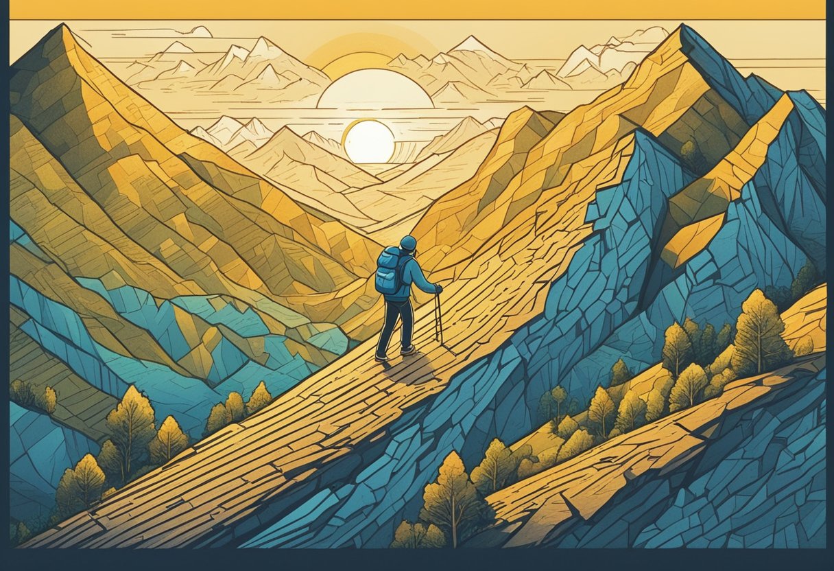 A person climbing a steep mountain, with motivational quotes scattered along the path. The sun is rising, casting a warm glow on the scene