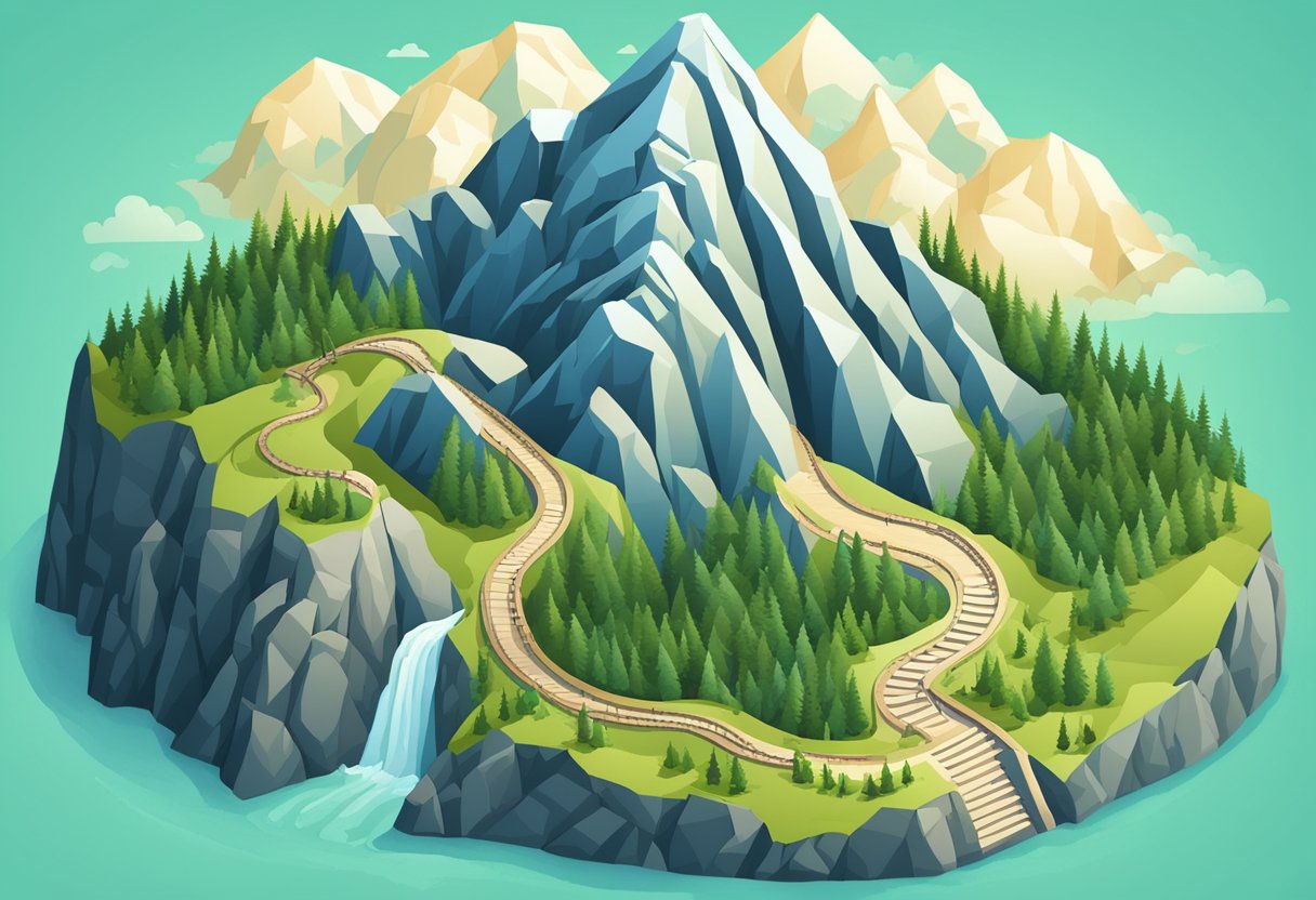 An illustrated mountain landscape with a winding railway track, dense pine forests, a waterfall, and distant mountains under a clear sky.