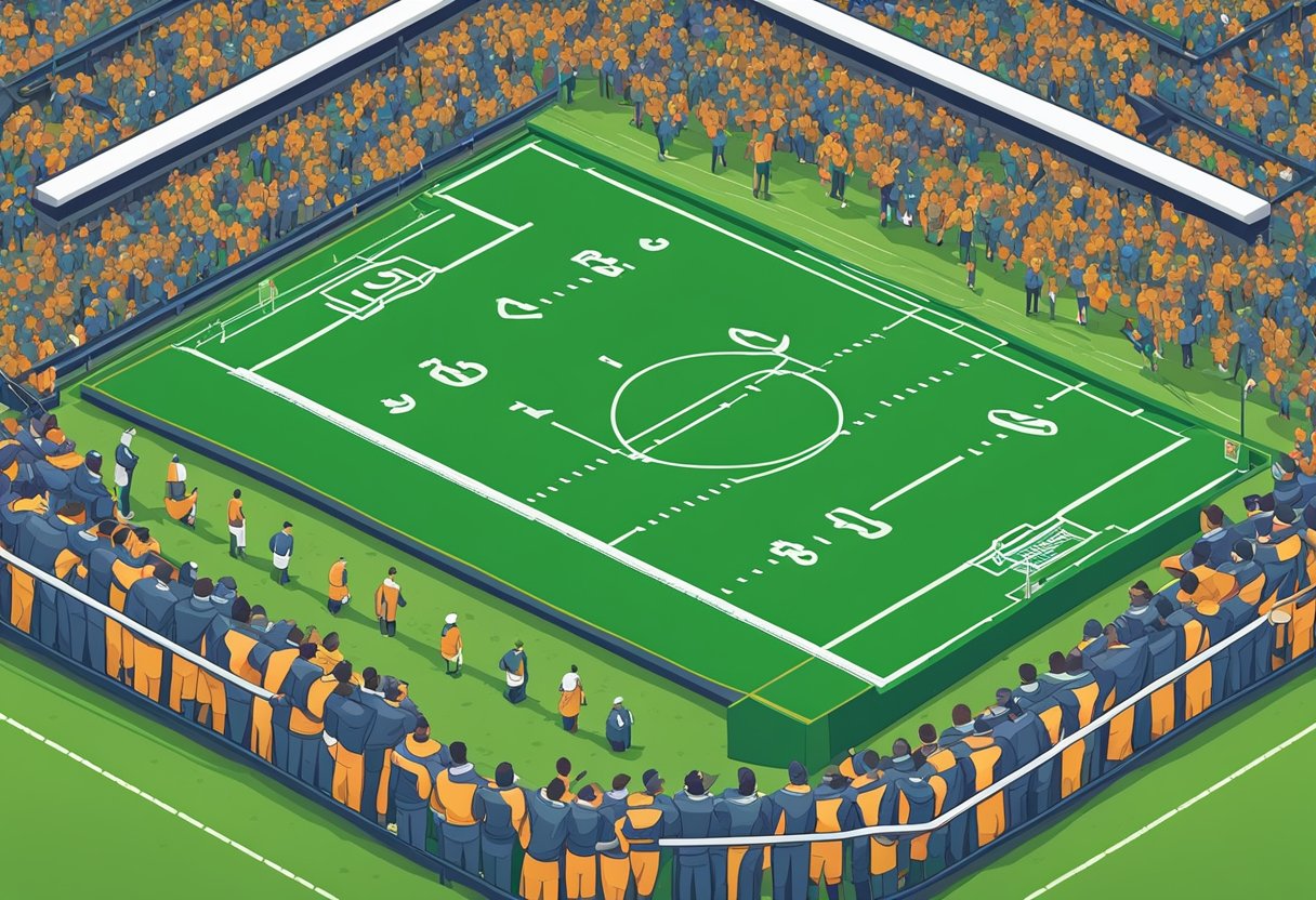 A stadium filled with spectators surrounds a soccer field marked with unusual symbols instead of standard lines and numbers.