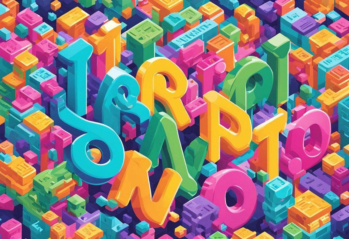 Colorful, three-dimensional letters and numbers are stacked and interwoven, creating a dense, vibrant pattern with various geometric shapes in the background.