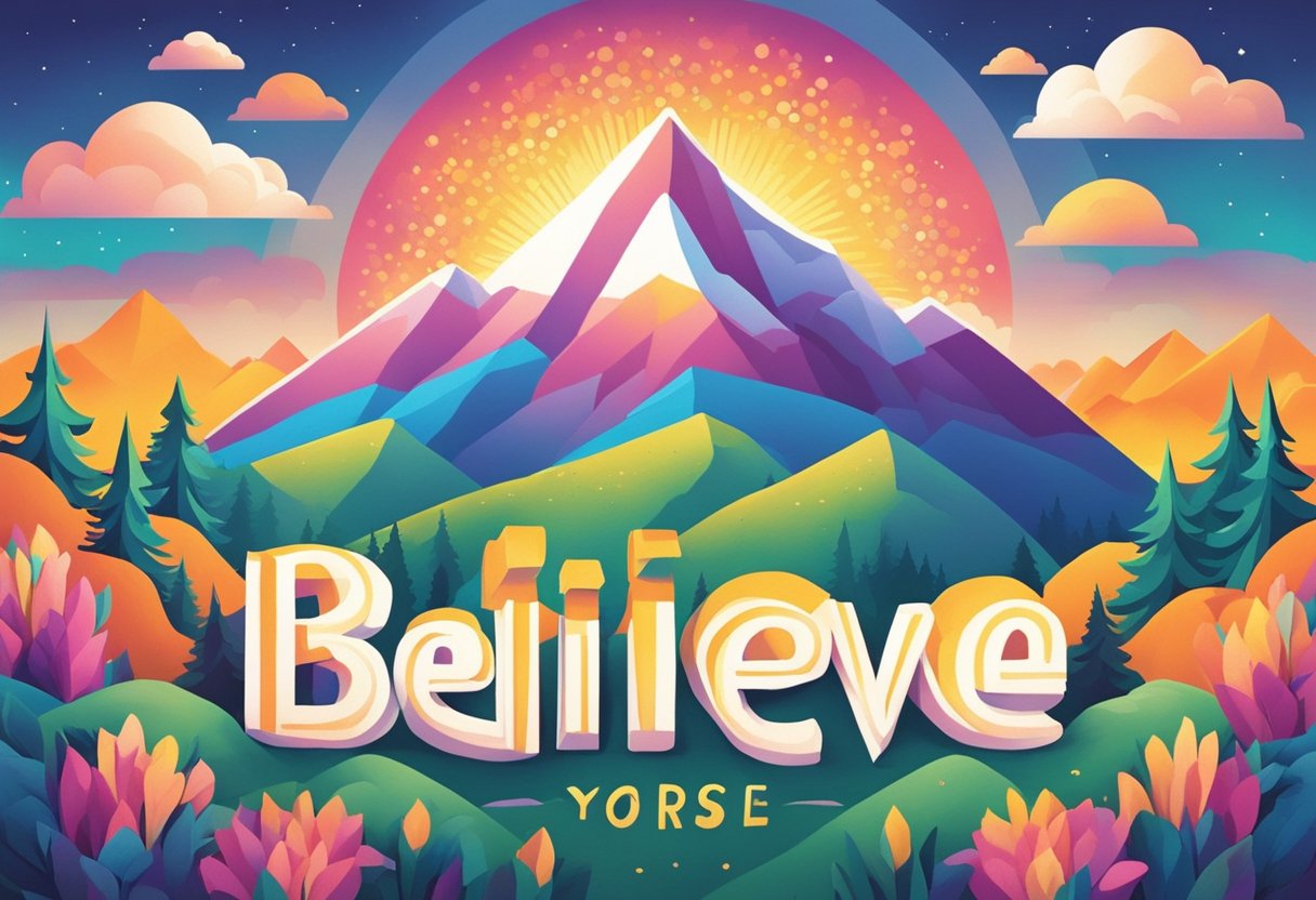 Colorful illustration of a mountain landscape at sunrise with the word "Believe" and smaller text "Yorse" in bold, stylized letters in the foreground.