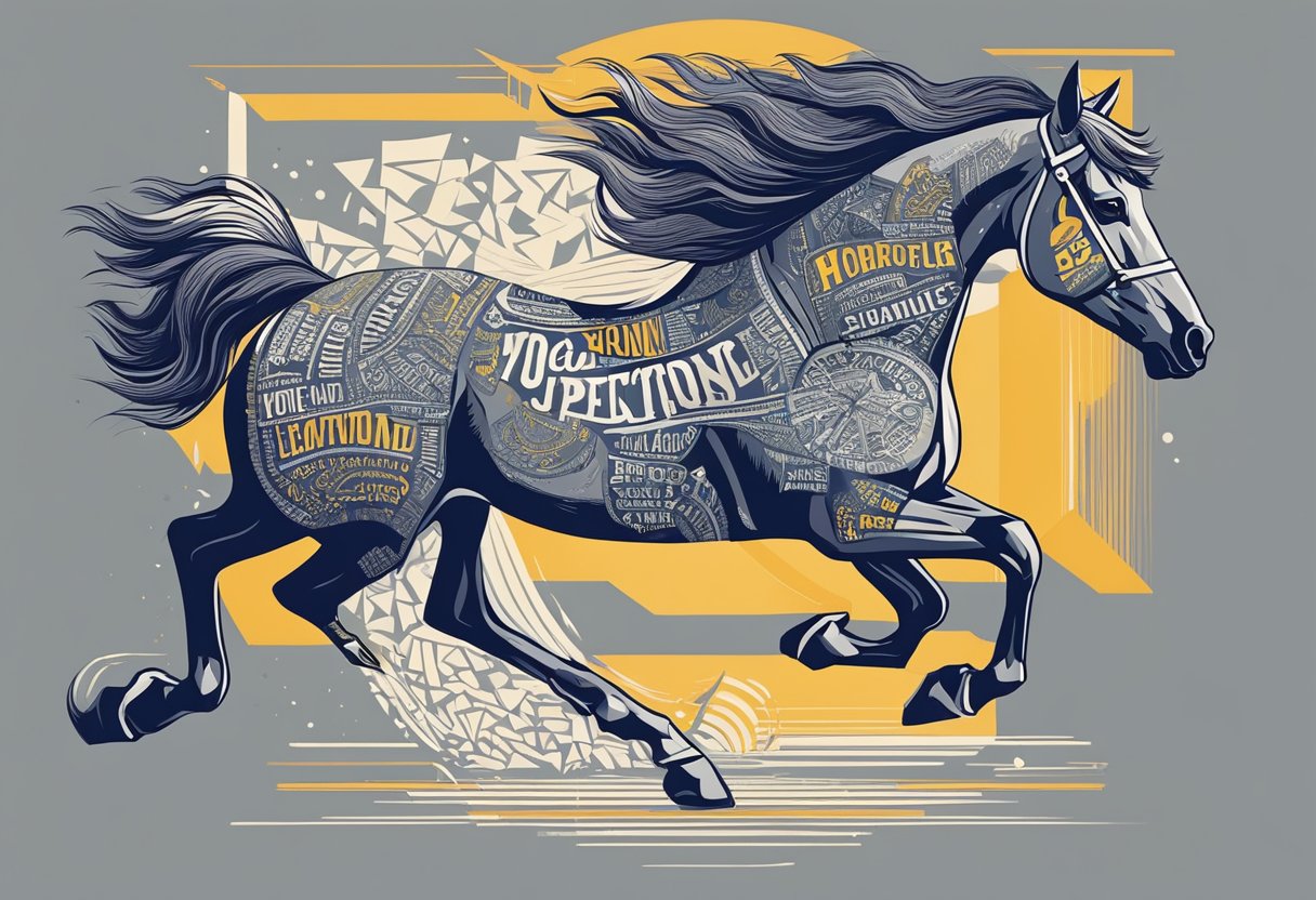 Illustration of a running horse with various words and graphic designs covering its body, set against a stylized background with yellow and gray elements.