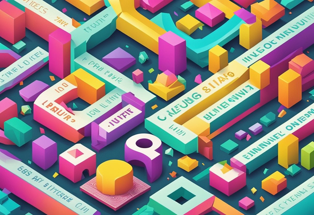 Isometric illustration of colorful geometric blocks and abstract shapes arranged in a city-like pattern, with text and symbols on various surfaces.