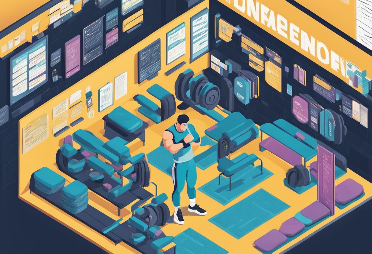 A man in workout clothes stands in a brightly lit gym filled with exercise equipment, wall charts, and weights.