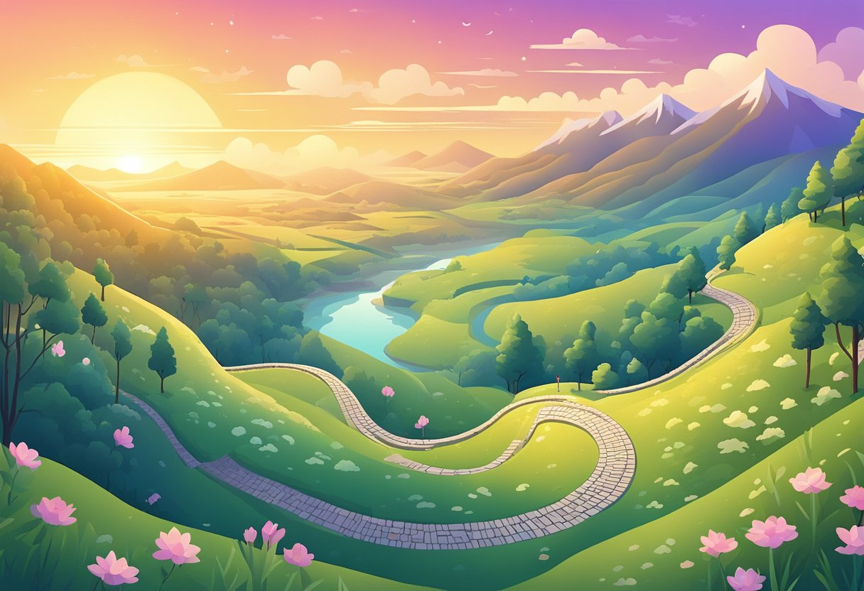 A winding stone path leads through green hills with wildflowers, trees, a river, and distant mountains under a bright sunrise sky.