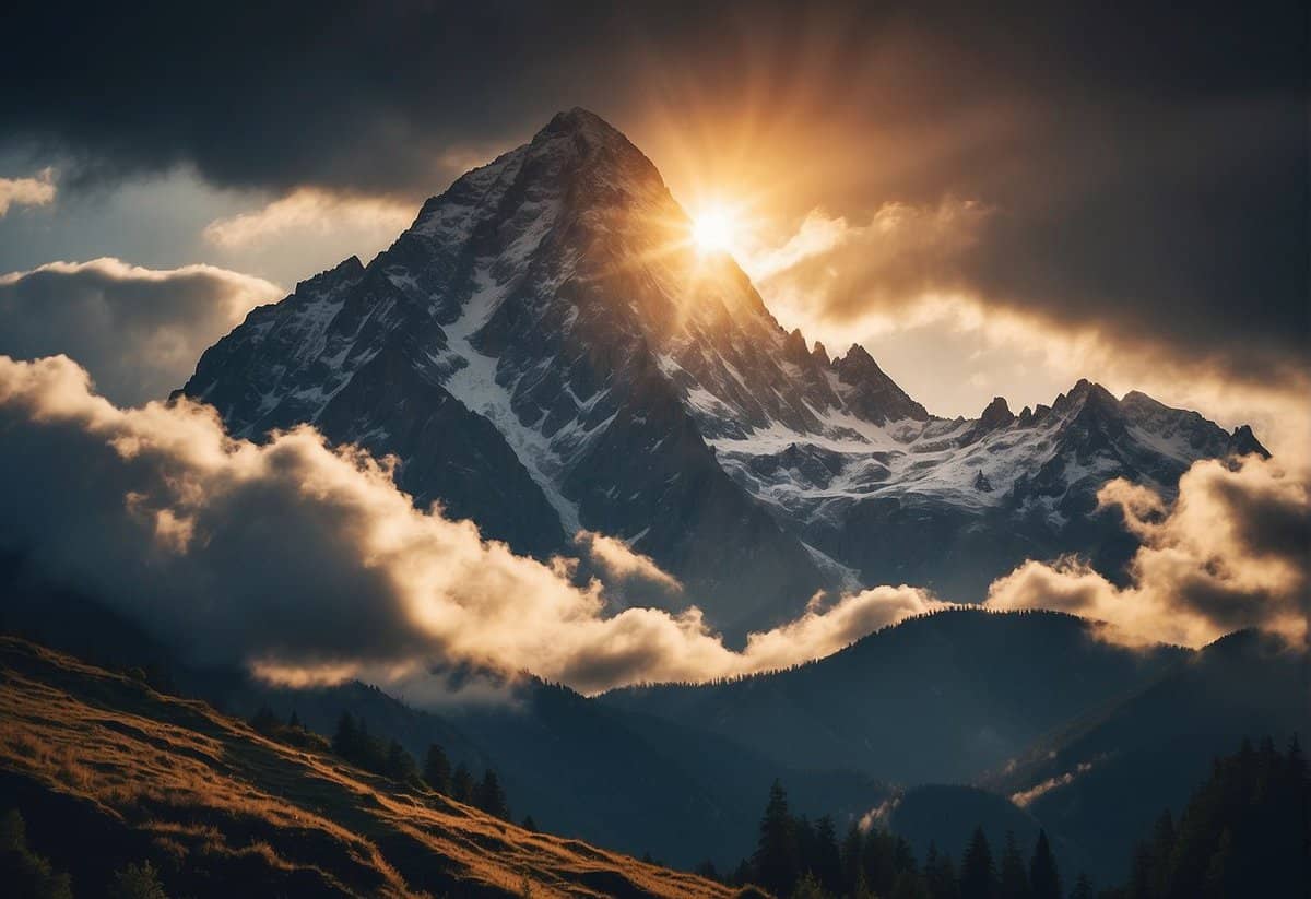 The sun sets behind a snow-capped mountain peak, with clouds partially covering the slopes and trees on the lower hills.