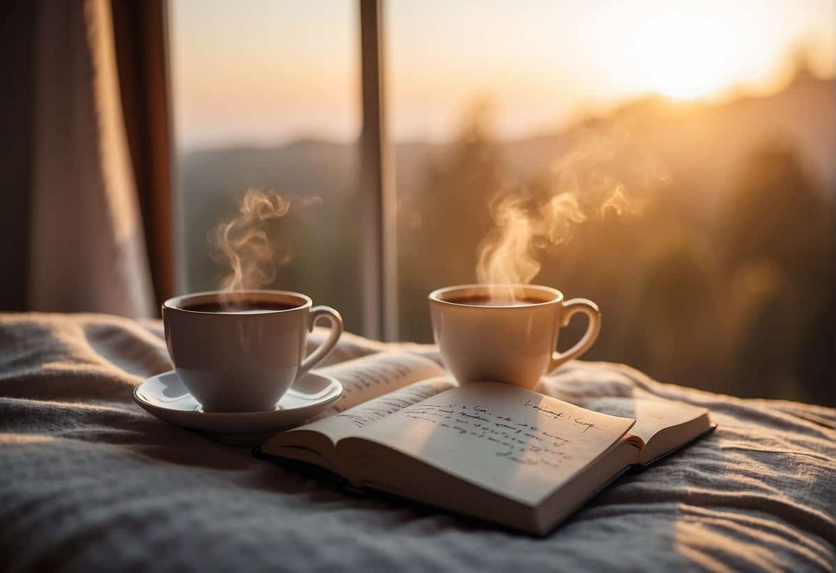 Two steaming cups of coffee and an open notebook rest on a bed by a window, with sunlight streaming in.