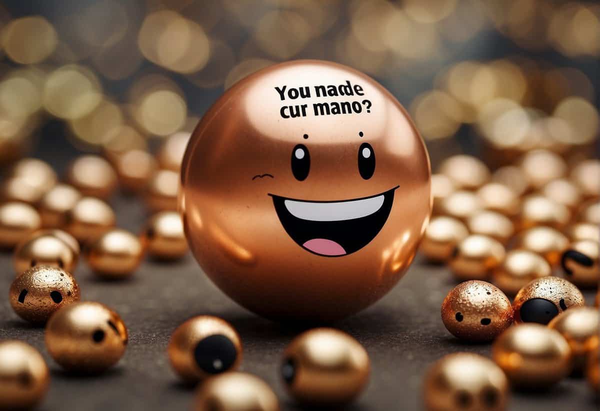 A shiny bronze ball with a smiling cartoon face and the text "You nade cur mano?" stands among smaller bronze balls with simple faces on a dark surface.
